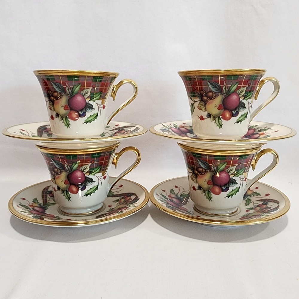 Lenox Holiday Tartan Dimension Collection Tea Cups and Saucers Set of 4 USA Made